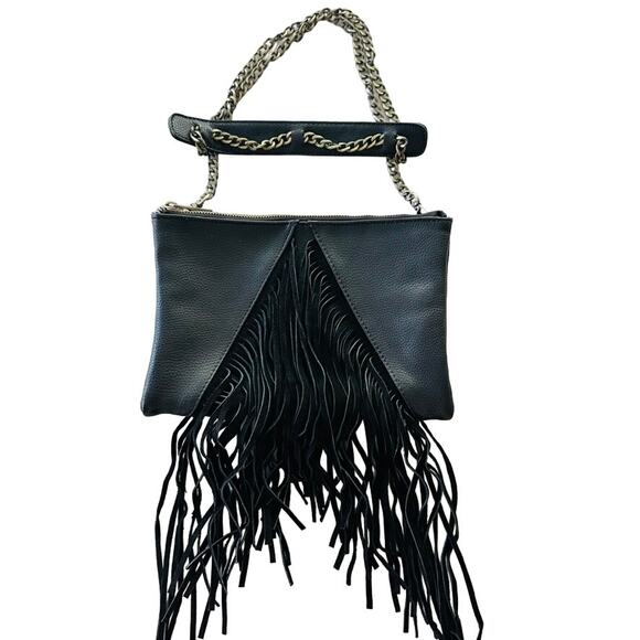 Street Level Handbags - Street Level Black Fringe Handbag Purse Shoulder Crossbody Chain Rock Moto